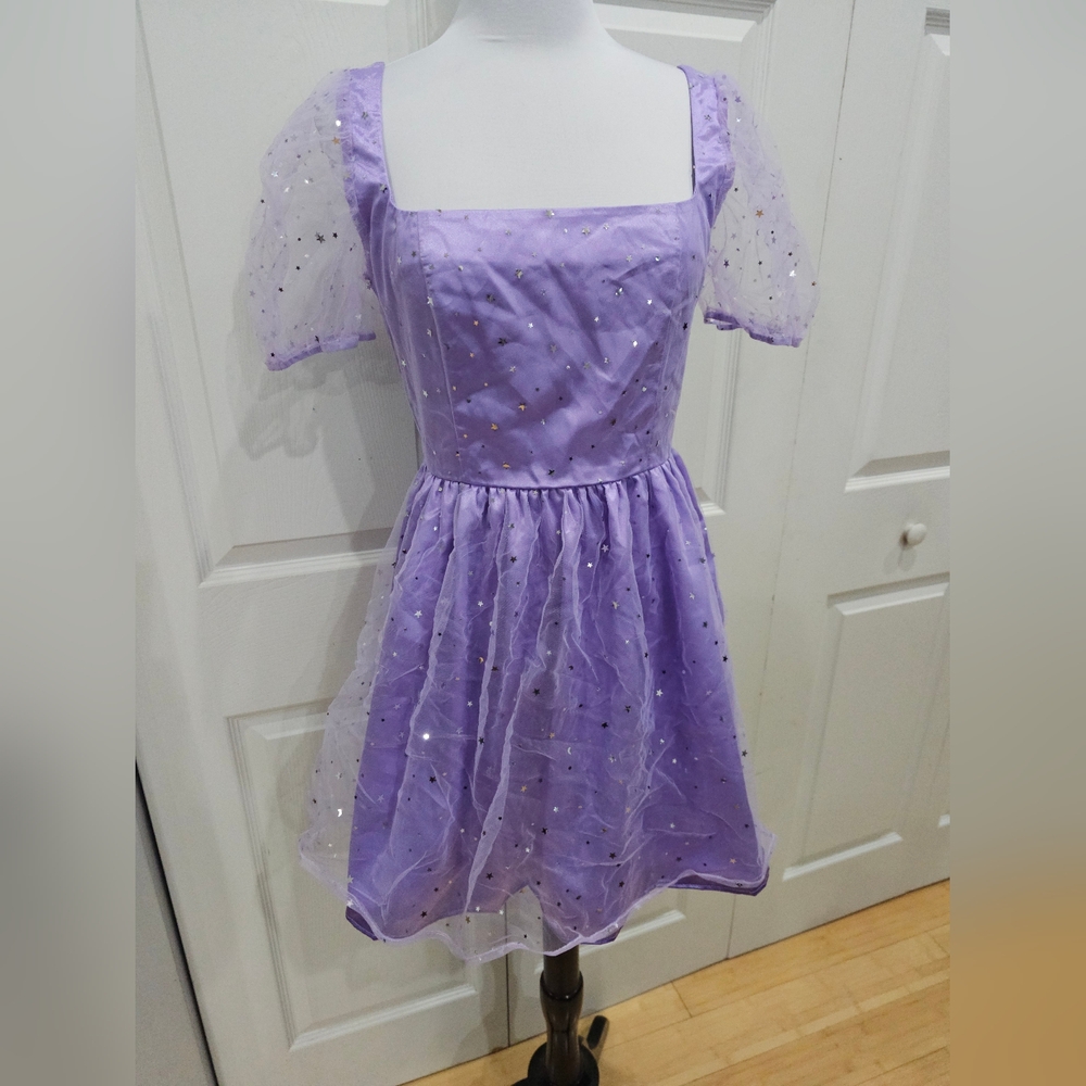 Dolls kill HOROSCOPEZ Purple Princess Mood Babydoll Foil silver star Dress M NWT